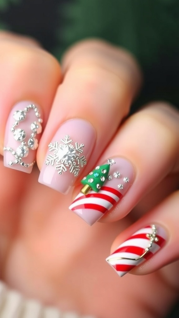 Short nails with 3D Christmas designs including snowflakes and Christmas trees.